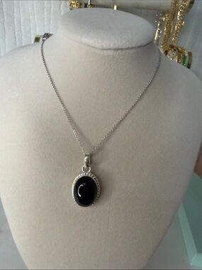 Sterling Silver Black Onyx Oval Pendant Necklace stamped